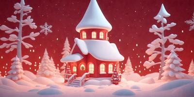 The primary subject of the image is a small, colorful house with a snow-covered roof. The house is situated in a snowy environment, surrounded by trees. The visual style of the image is a combination of photo and digital art, creating a unique and festive atmosphere. The dominant colors in the image are red, white, and pink, which contribute to the overall warm and cozy mood.